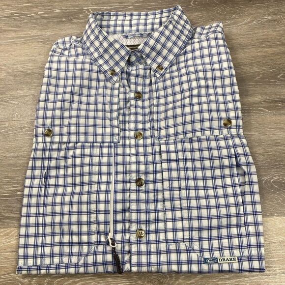 Drake Waterfowl Shirt Mens Small Blue Checkered‎ Short Sleeve Vented Breathable - Picture 1 of 12